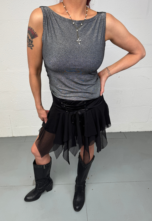 silver sparkle slash neck top