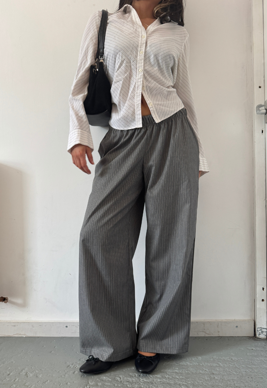 grey stripe wide leg trousers