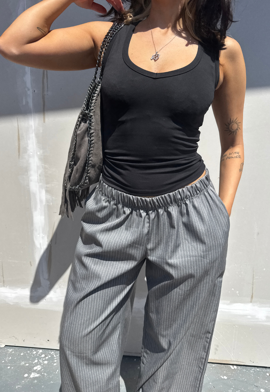 grey stripe wide leg trousers