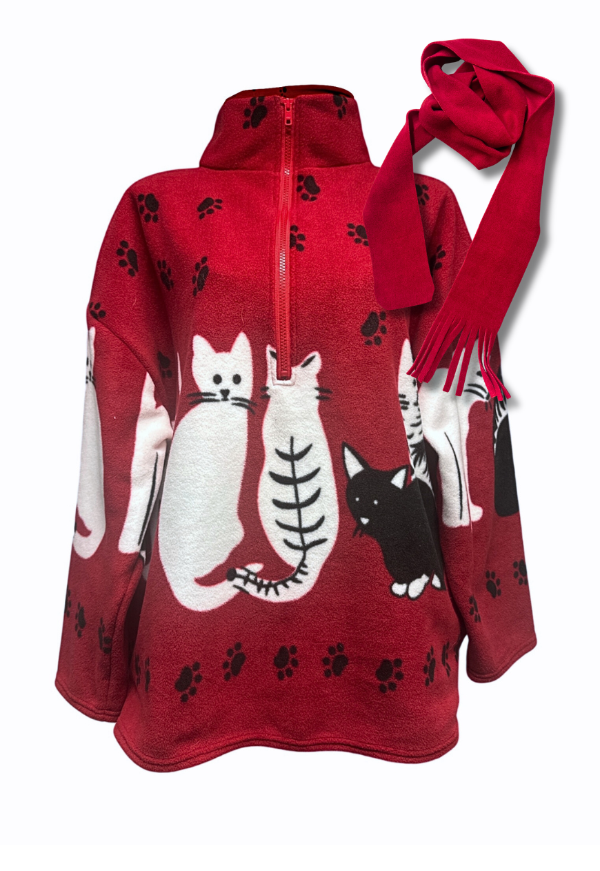 red cat print fleece *free scarf*