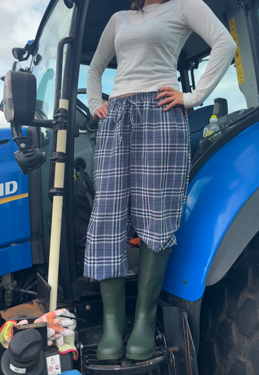 check straight leg trousers