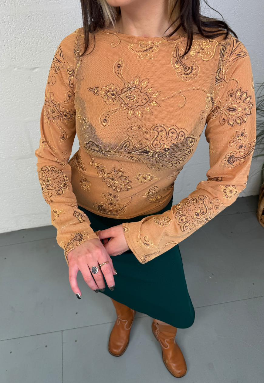 caramel paisley mesh asymmetric top