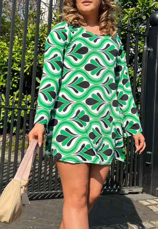 GREEN SWIRL SWING MINI DRESS