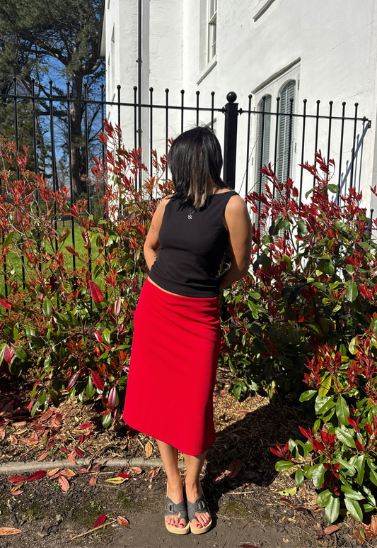 red midi skirt