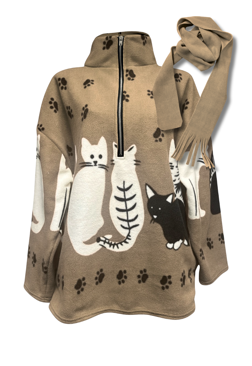 beige cat print fleece *free scarf*