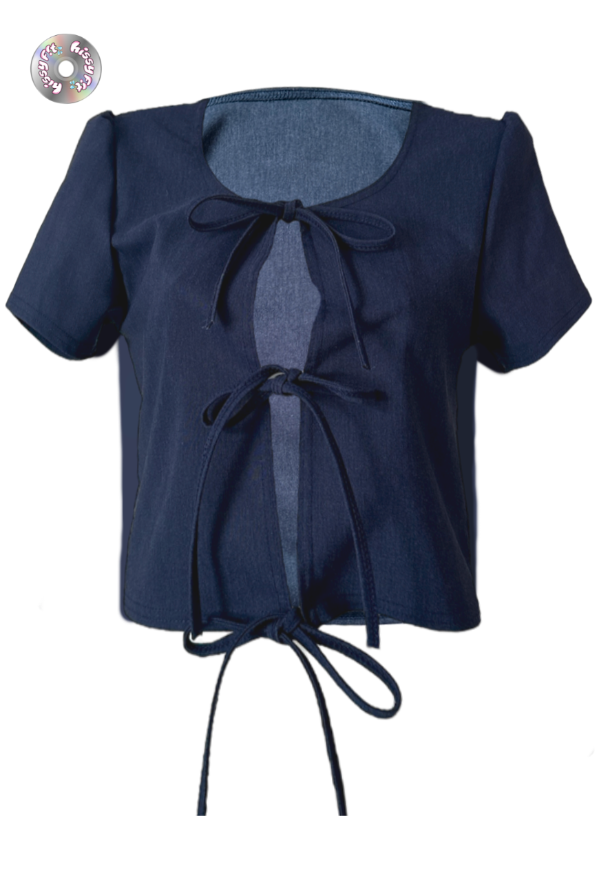 INDIGO BENGALINE SLEEVED TIE TOP