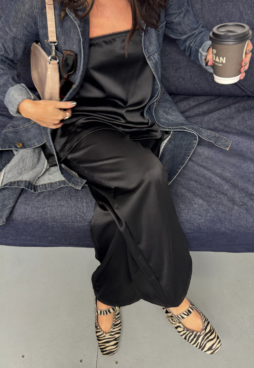 black satin straight leg trousers