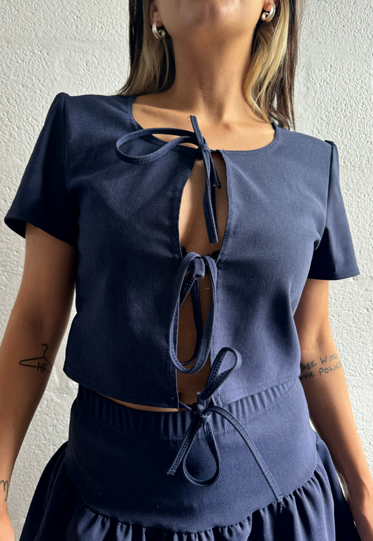 INDIGO BENGALINE SLEEVED TIE TOP