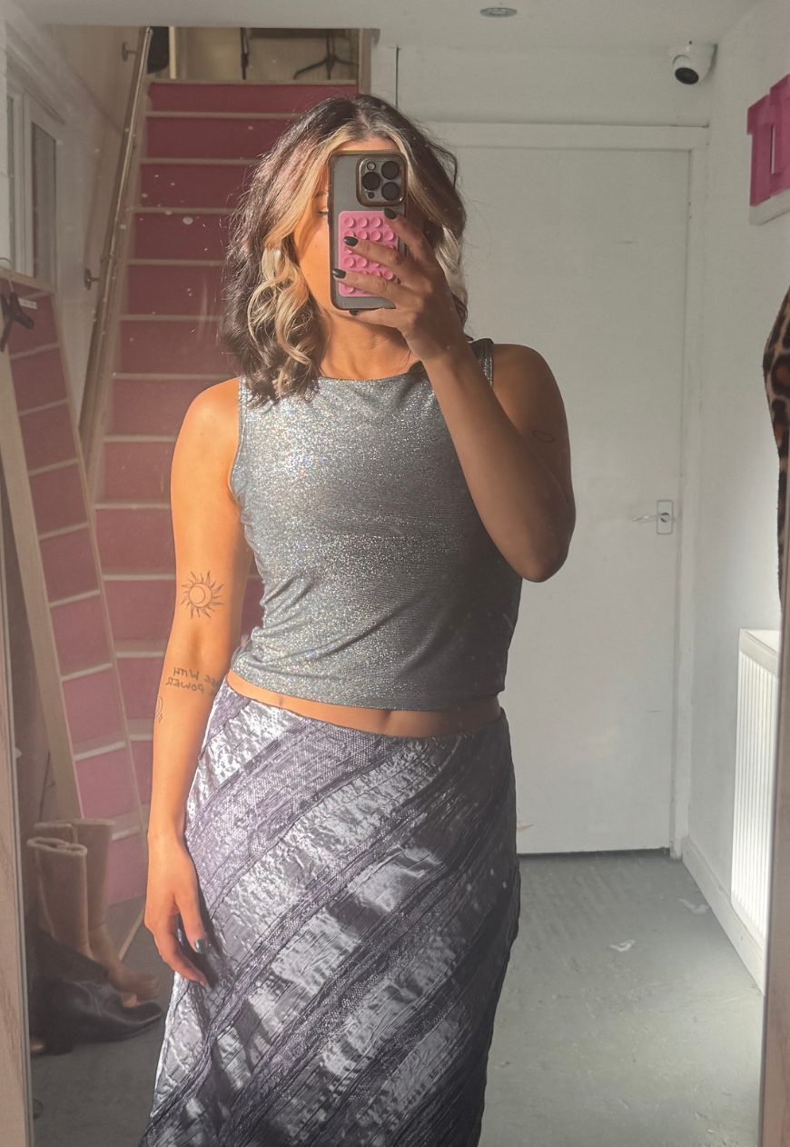 silver sparkle slash neck top