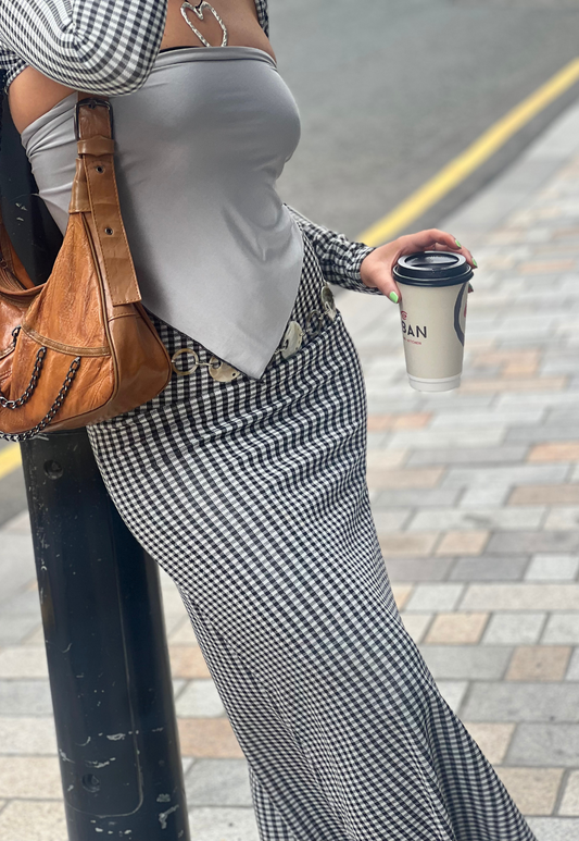 GINGHAM MID-RISE MAXI SKIRT