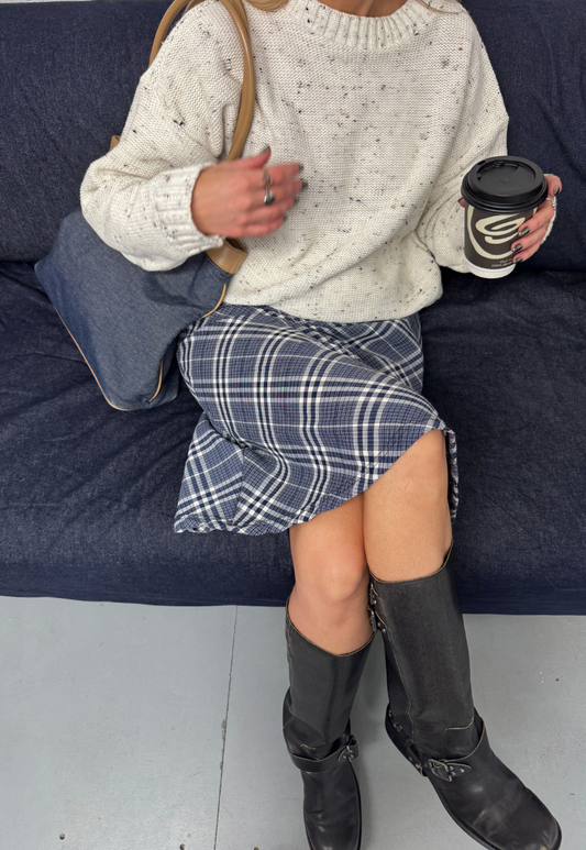 blue check midi skirt