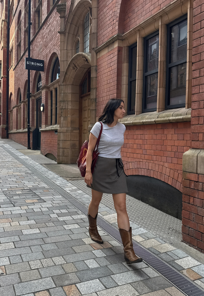 brown ruled wrap skirt