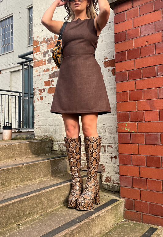 BROWN WOVEN SLASH MINI DRESS