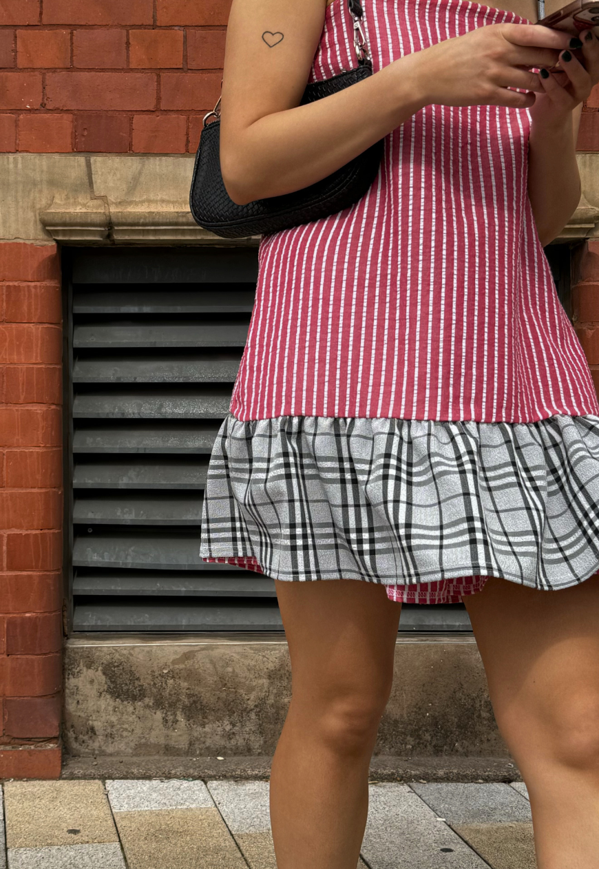 stripe/check reversible ruffle dress
