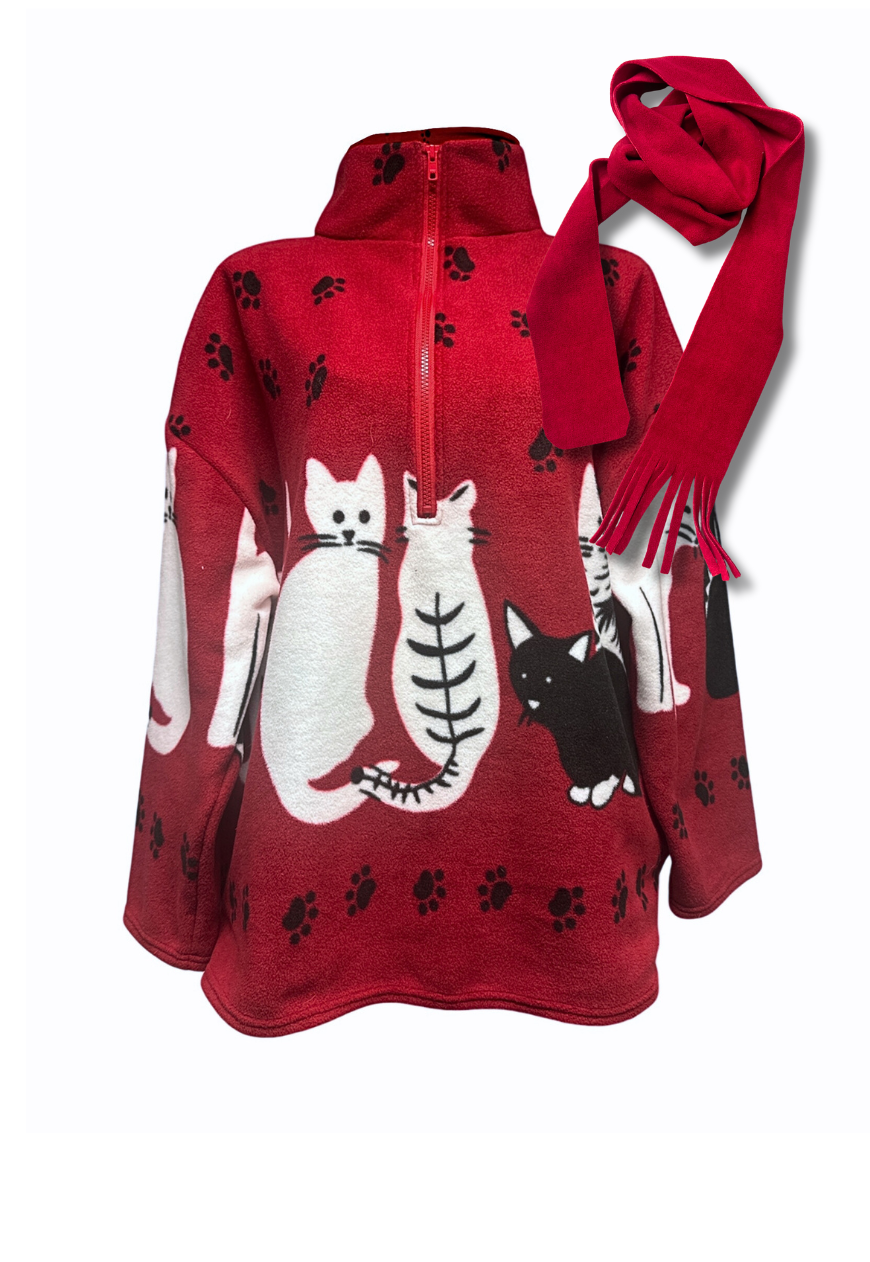 red cat print fleece *free scarf*