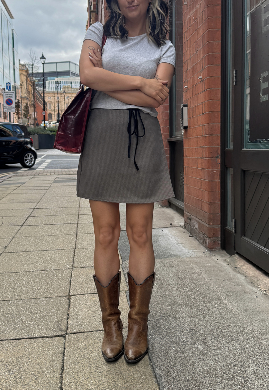 brown ruled wrap skirt