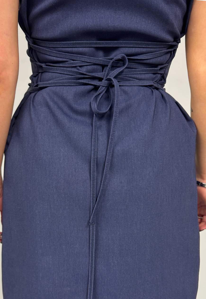 indigo cap sleeve cinch mini dress