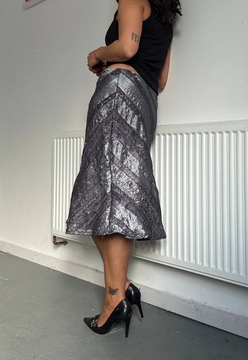 silver satin & lace midi skirt *coming soon*