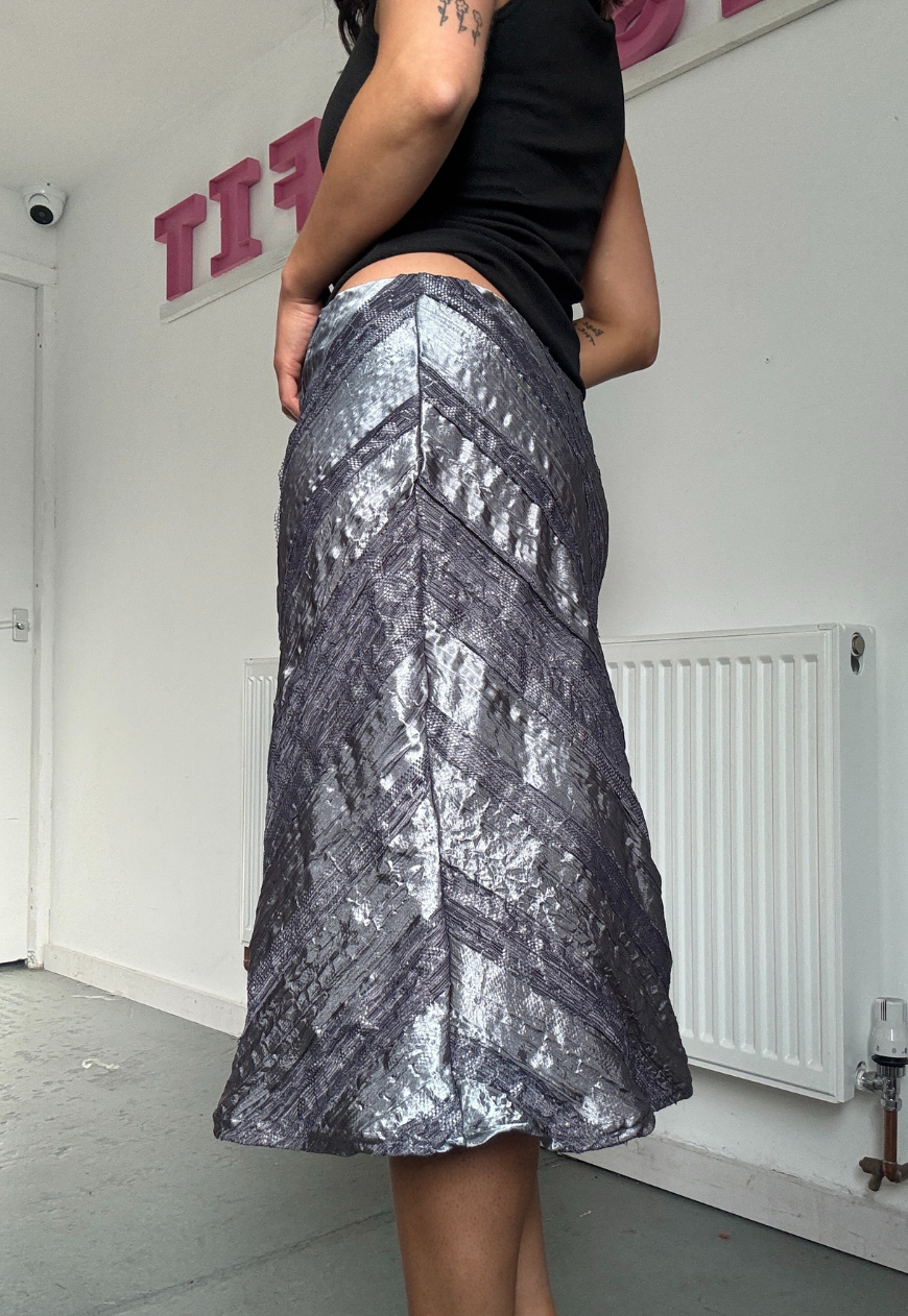 silver satin & lace midi skirt *coming soon*