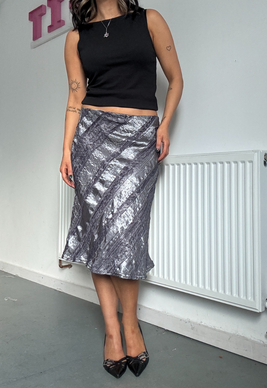 silver satin & lace midi skirt *coming soon*