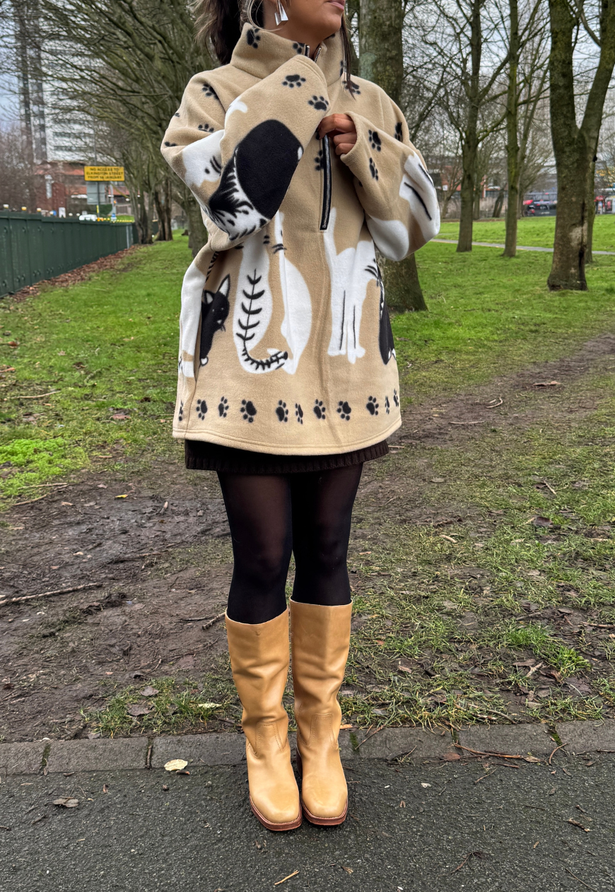 beige cat print fleece *free scarf*