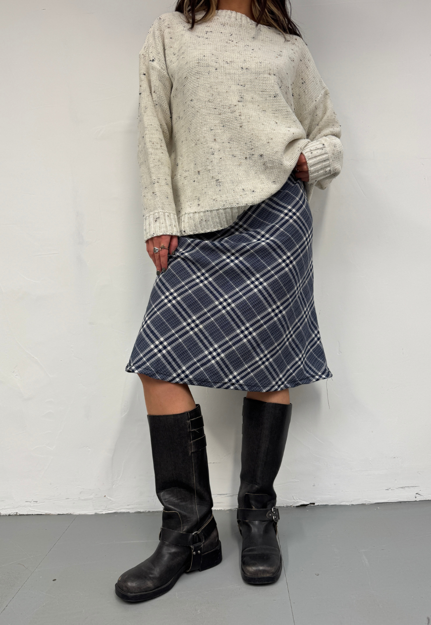 blue check midi skirt