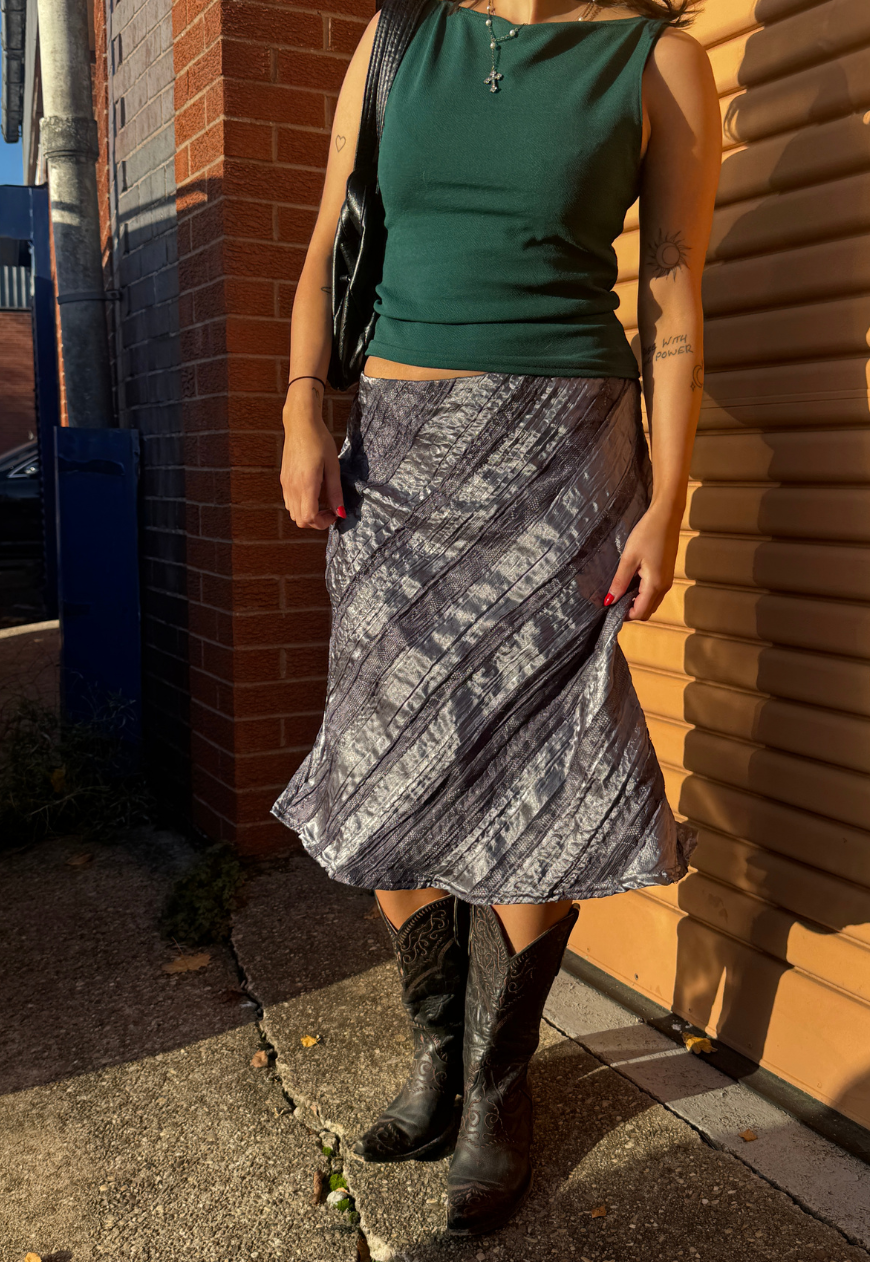 silver satin & lace midi skirt *coming soon*