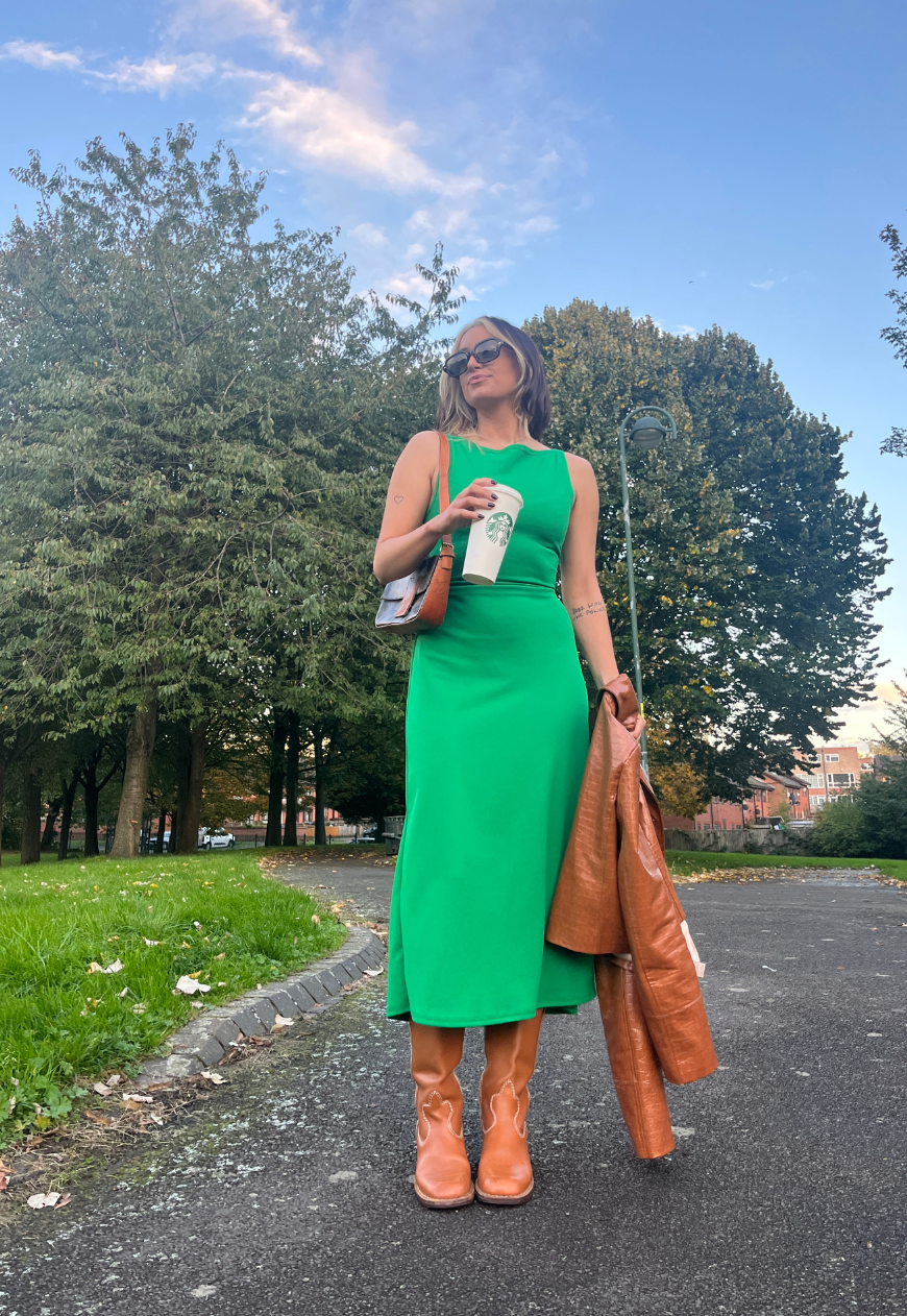 Green maxi online dress with split