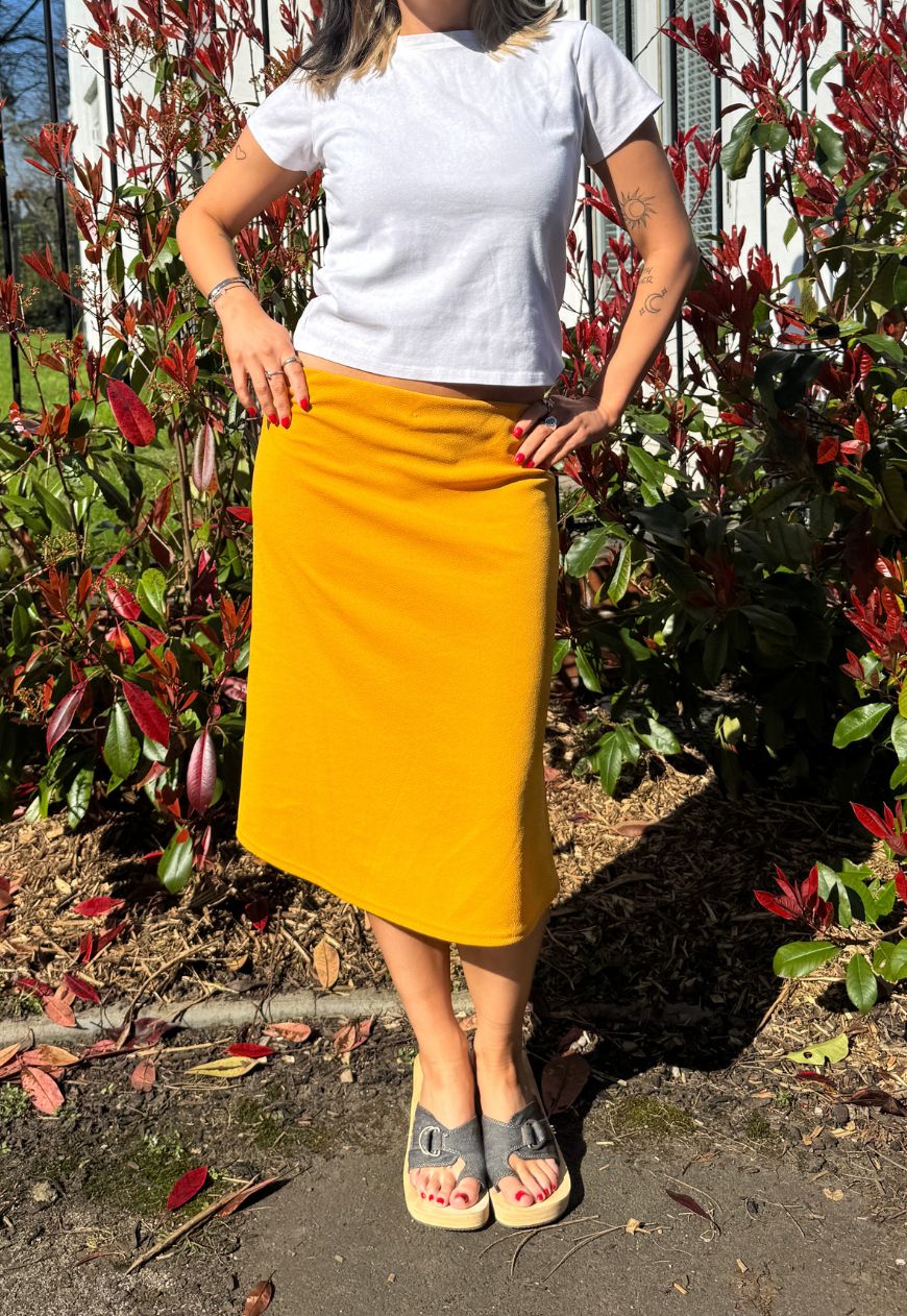 yellow midi skirt