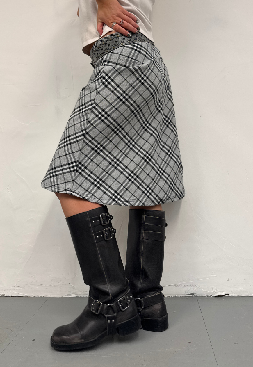 grey check midi skirt