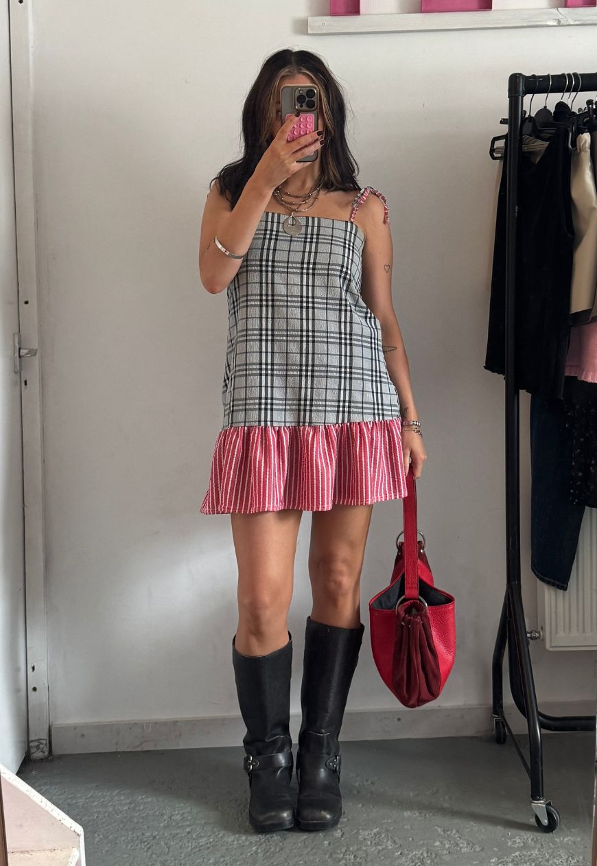 stripe/check reversible ruffle dress
