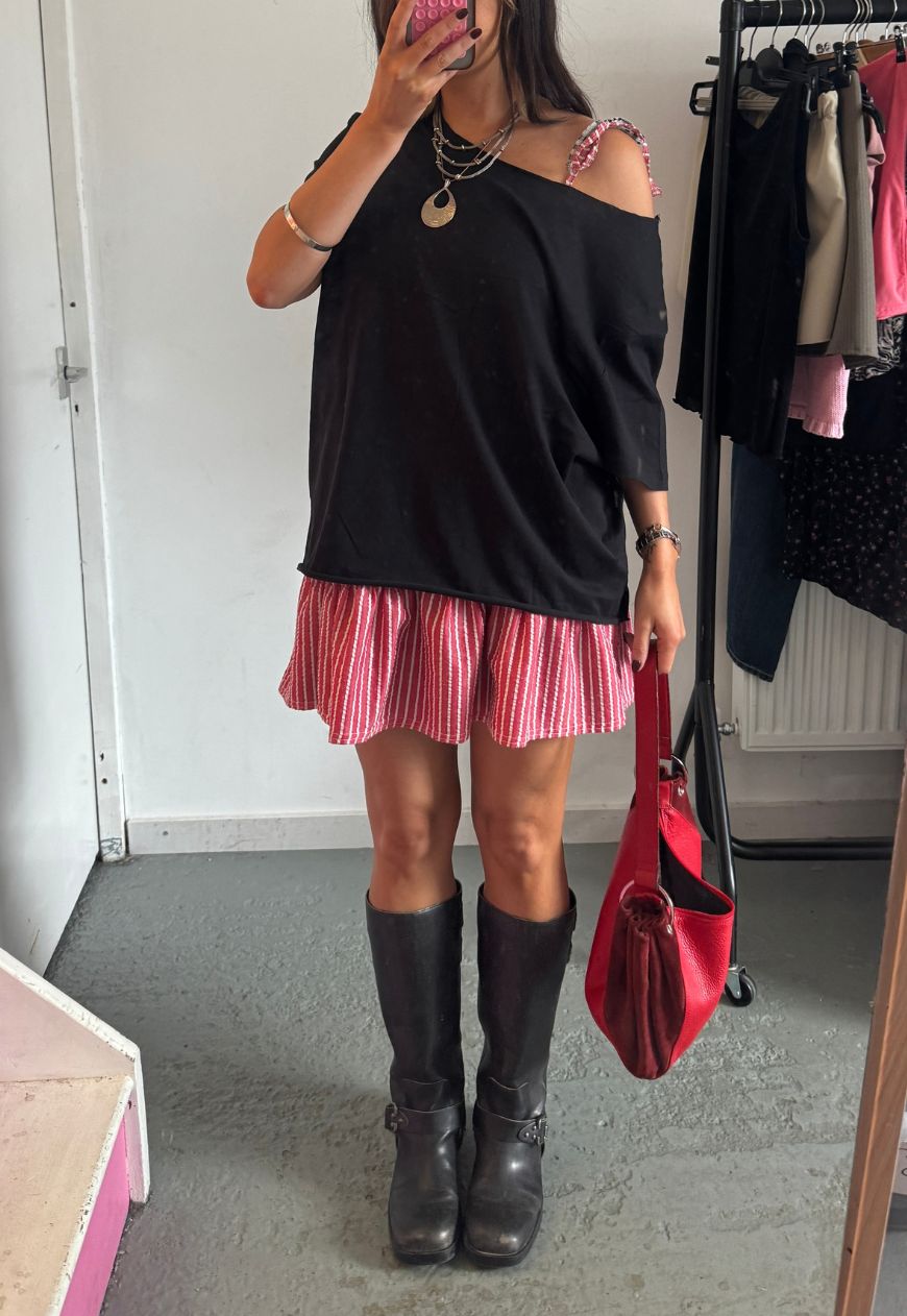 stripe/check reversible ruffle dress