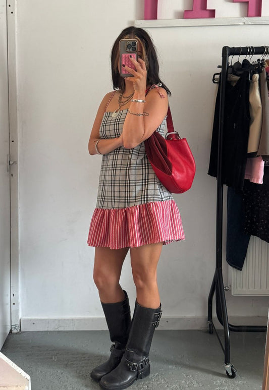 STRIPE/CHECK REVERSIBLE RUFFLE DRESS