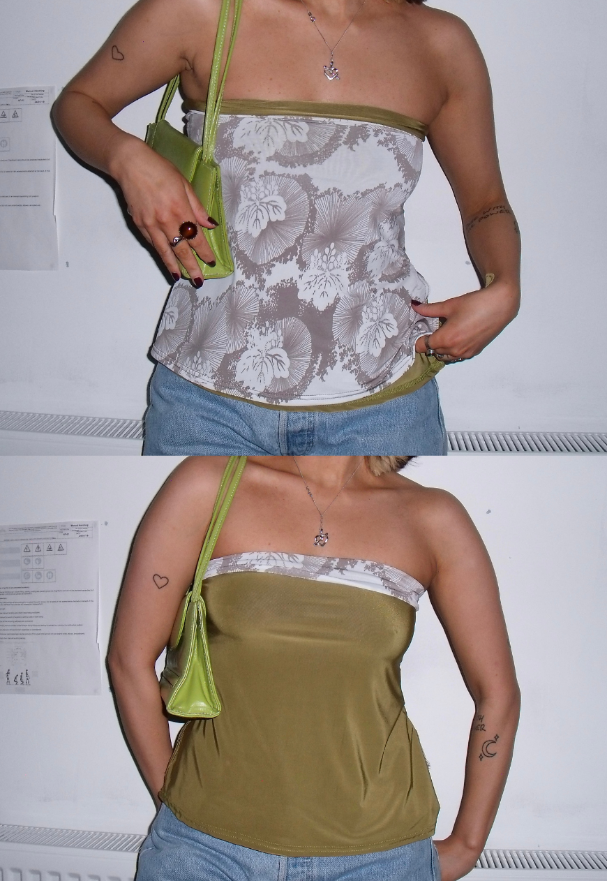 BROWN FLOWER/OLIVE SLINKY REVERSIBLE BANDEAU SPLIT TOP