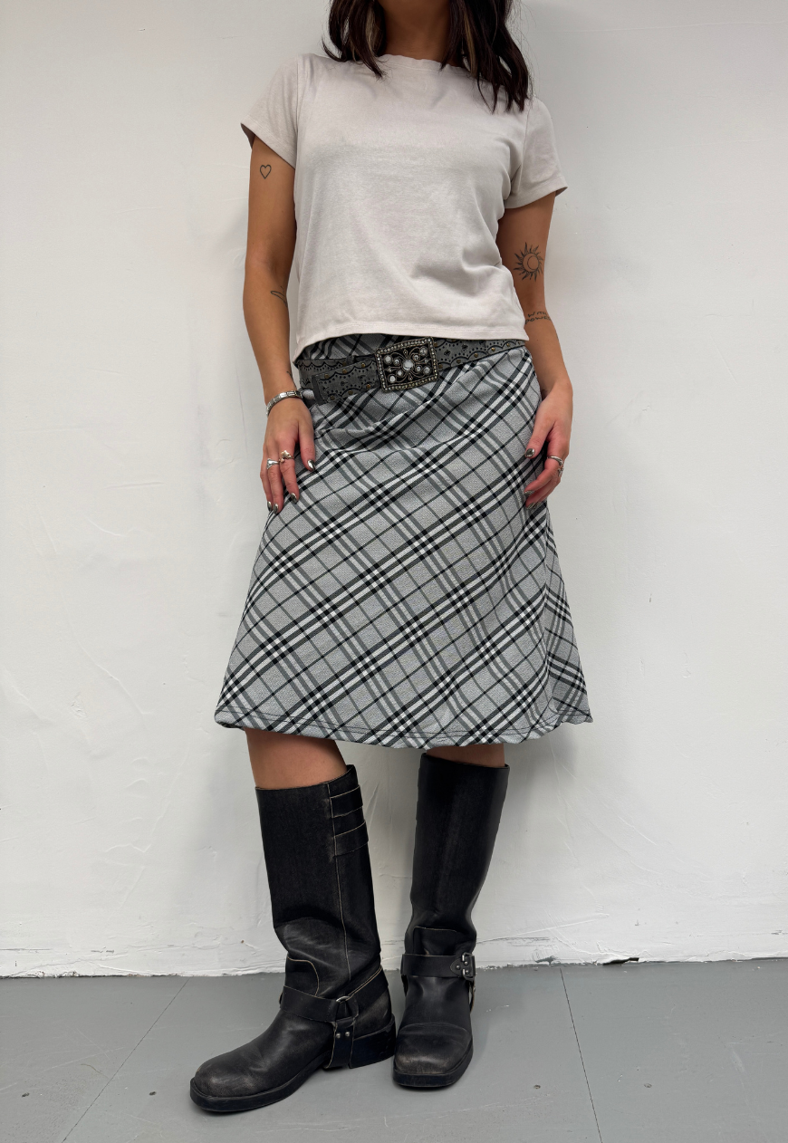 grey check midi skirt