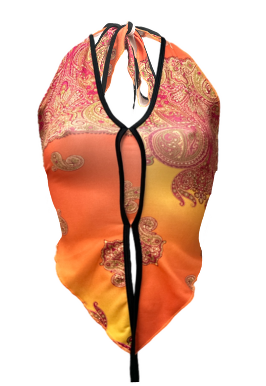 OFFCUTS ORANGE PAISLEY POINTED HALTER TOP *LAUNCHING 28.03.25 @ 12:00 GMT*