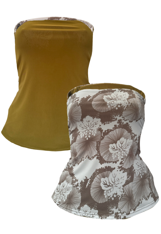 BROWN FLOWER/OLIVE SLINKY REVERSIBLE BANDEAU SPLIT TOP