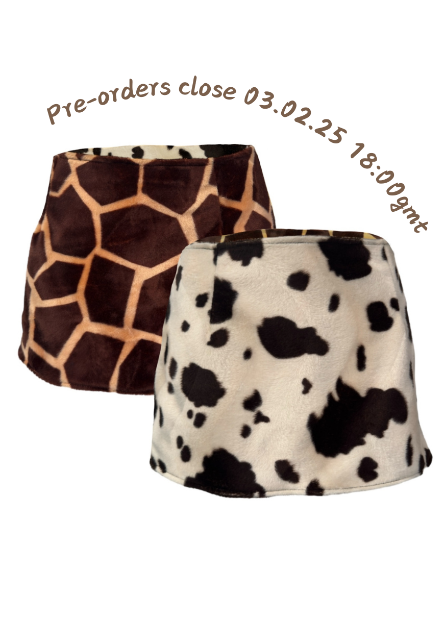 COW/GIRAFFE REVERSIBLE MINI SKIRT *PRE-ORDER*