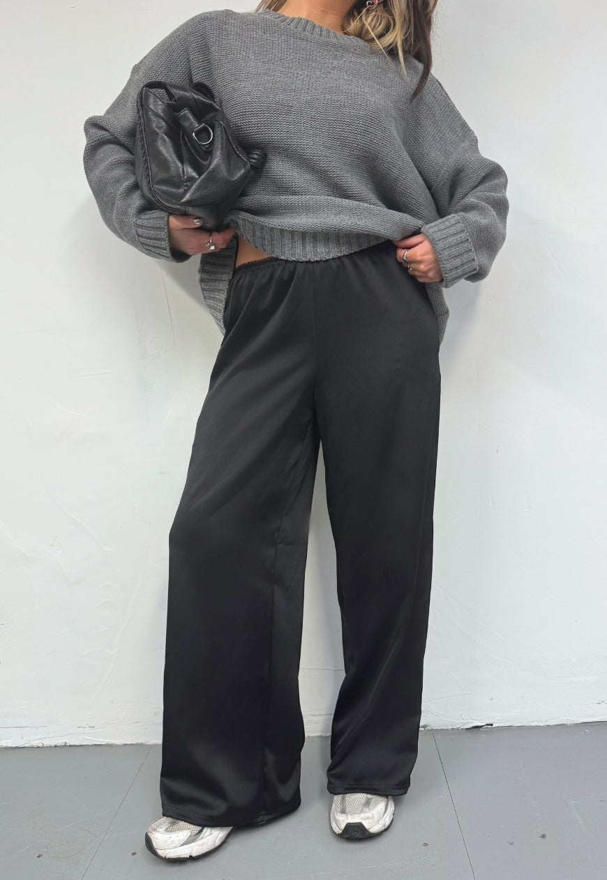 black satin straight leg trousers