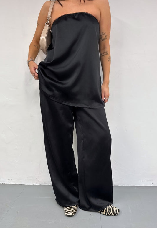 black satin straight leg trousers