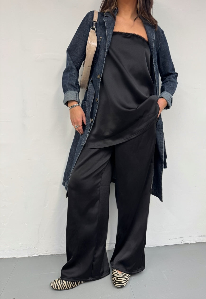 black satin straight leg trousers
