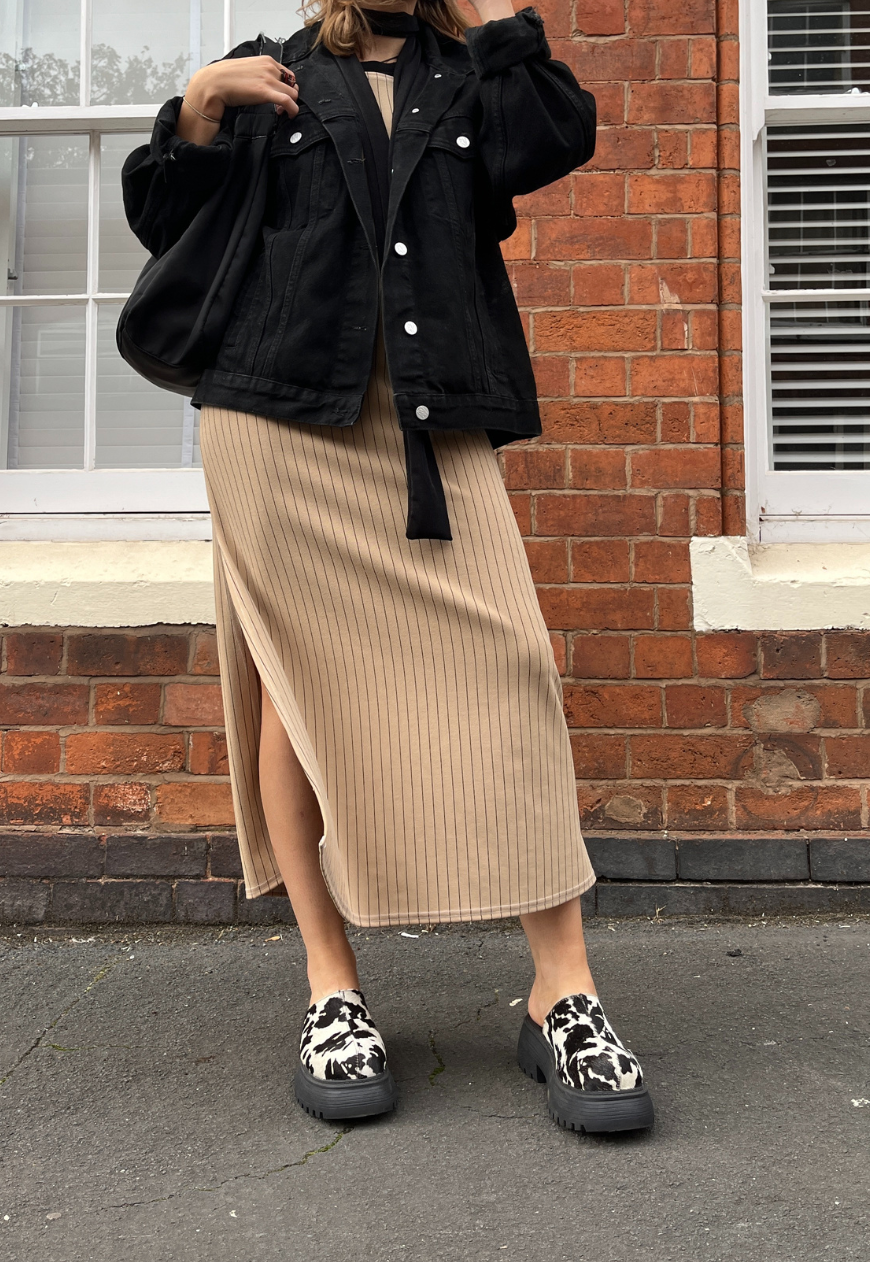 CARAMEL PINSTRIPE SPLIT LONG DRESS - HISSY FIT LTD