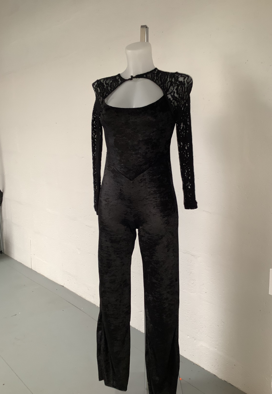 BLACK VELVET SLEEVED JUMPSUIT (058) UK SIZE - HISSY FIT LTD