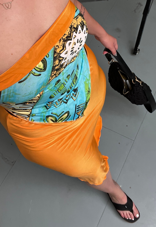 BLUE MOSAIC/ ORANGE REVERSIBLE POINTED HEM SKIRT - HISSY FIT LTD