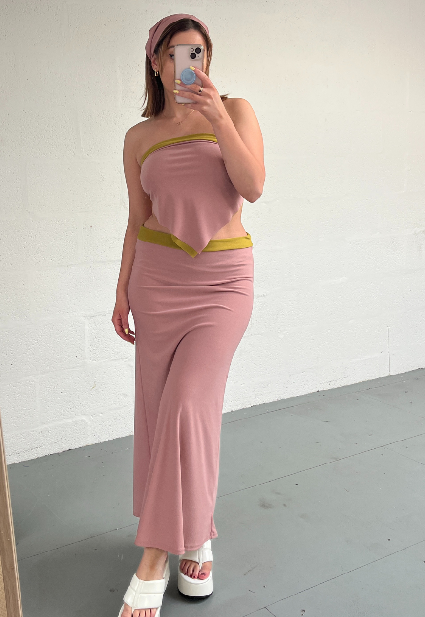 DUSKY PINK/MUSTARD REVERSIBLE MID-RISE MAXI SKIRT - HISSY FIT LTD