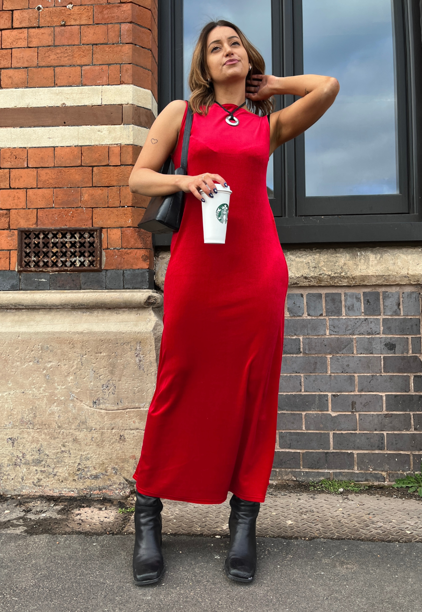 RED VELOUR SPLIT DRESS