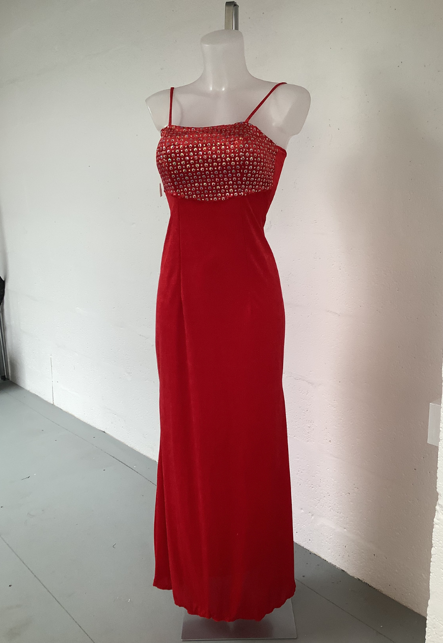 RED/GOLD SPLIT DRESS (061) UK SIZE 8/10 - HISSY FIT LTD