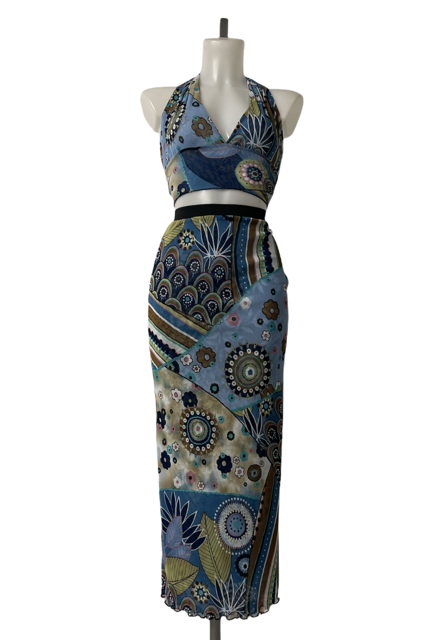 BLUE PATCHWORK/ BLUE FLOWER REVERSIBLE HALTER TOP - HISSY FIT LTD