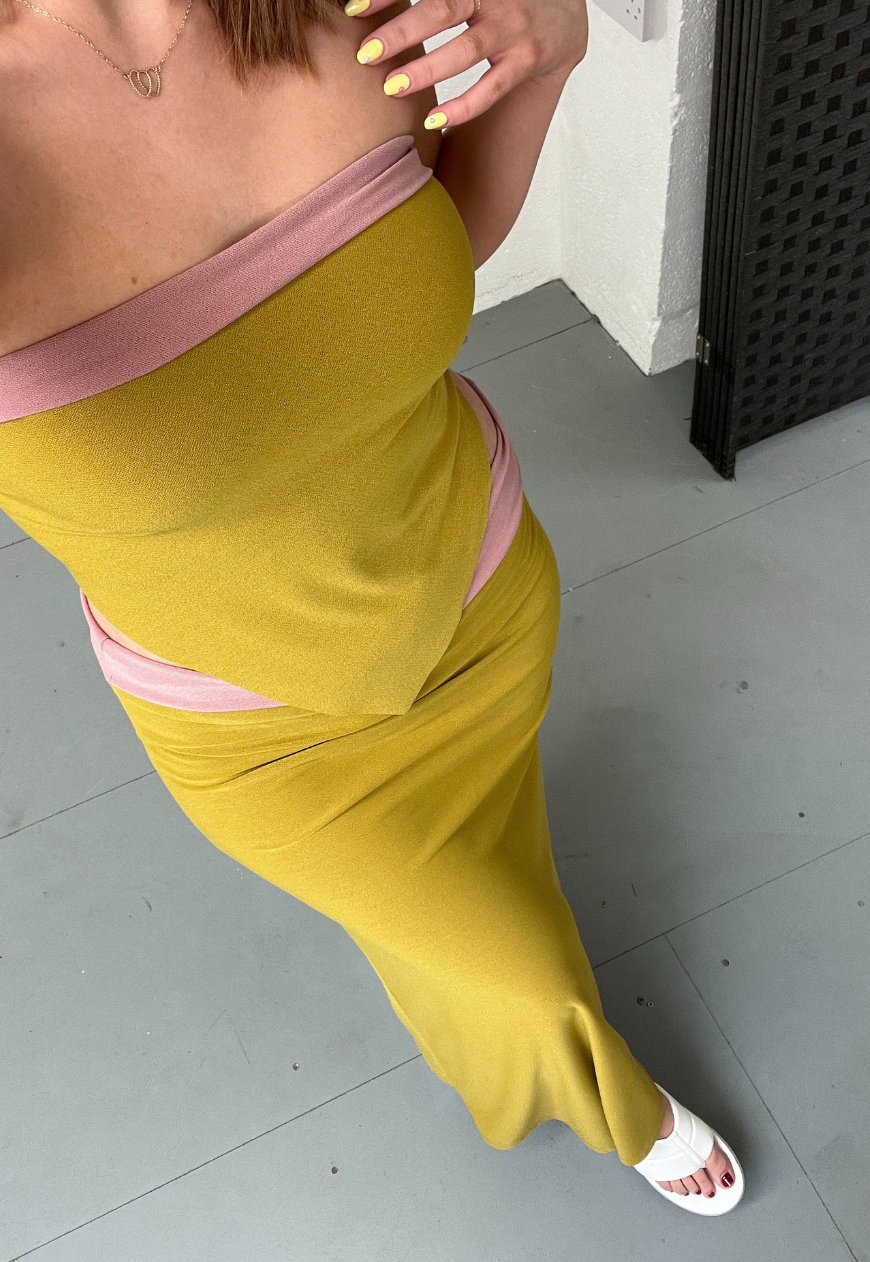 DUSKY PINK/MUSTARD REVERSIBLE MID-RISE MAXI SKIRT - HISSY FIT LTD