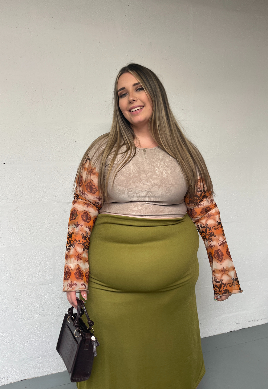 OLIVE GREEN BROWN REVERSIBLE MID RISE MAXI SKIRT HISSY FIT LTD